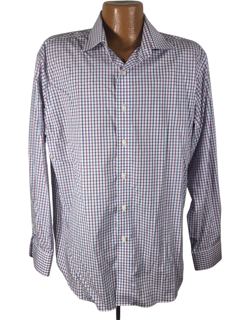 Lorenzo Uomo White Dress Shirt with Blue & Red Windowpane Check